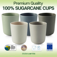 Dulce Worlds Sugarcane Kids Cup 5-pack side view highlights reusable, kid-friendly cups.