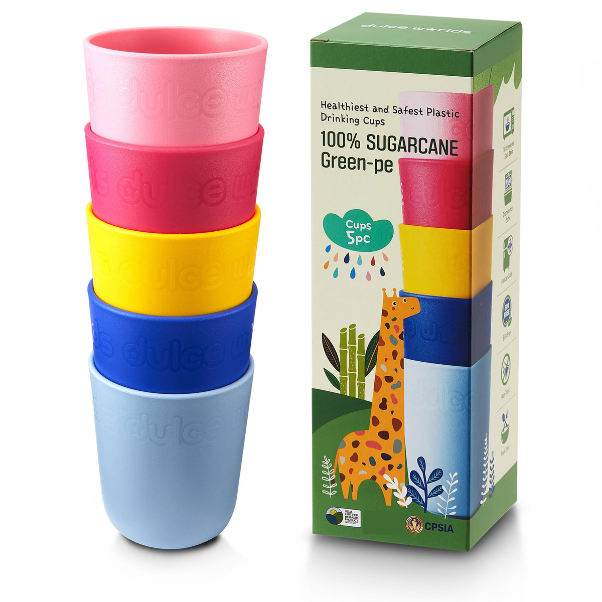 Dulce Worlds SUGARCANE kids cups 10 oz front view, durable and spill resistant for toddlers