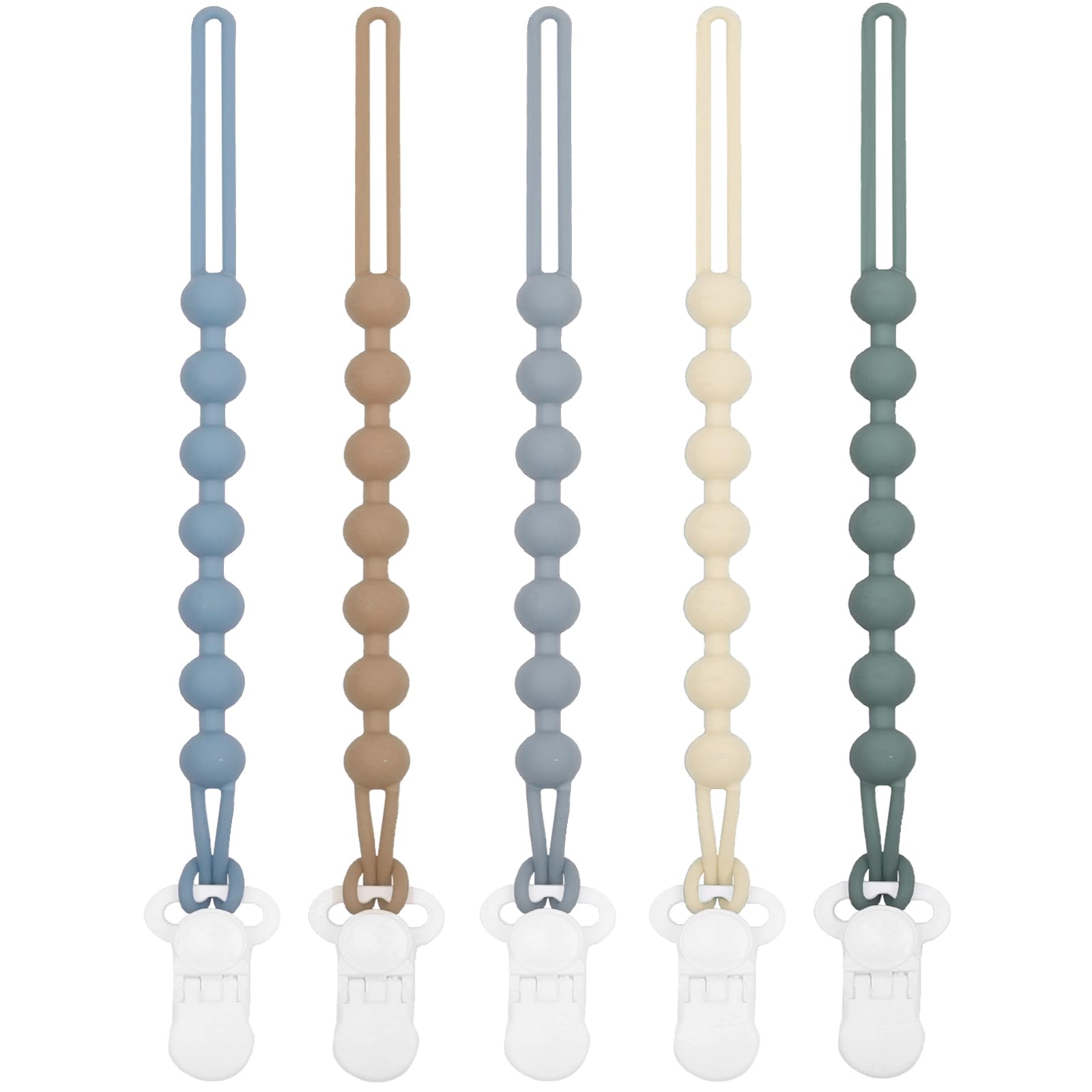 duludulu 5-pack silicone pacifier clip blue pack keeps pacifiers within reach during outings.