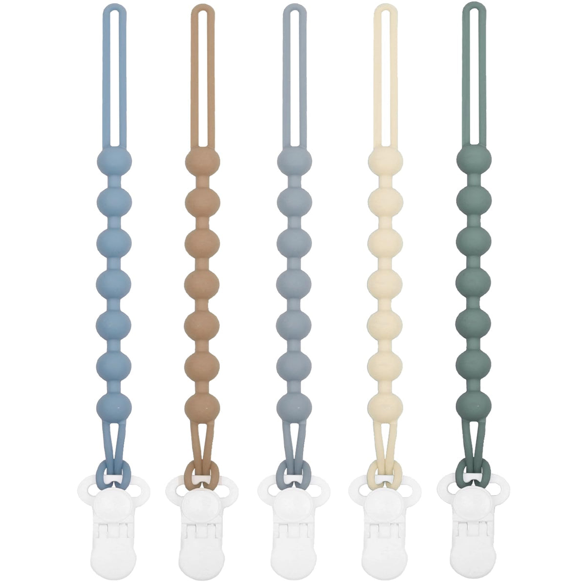 duludulu 5-pack silicone pacifier clip blue pack keeps pacifiers within reach during outings.