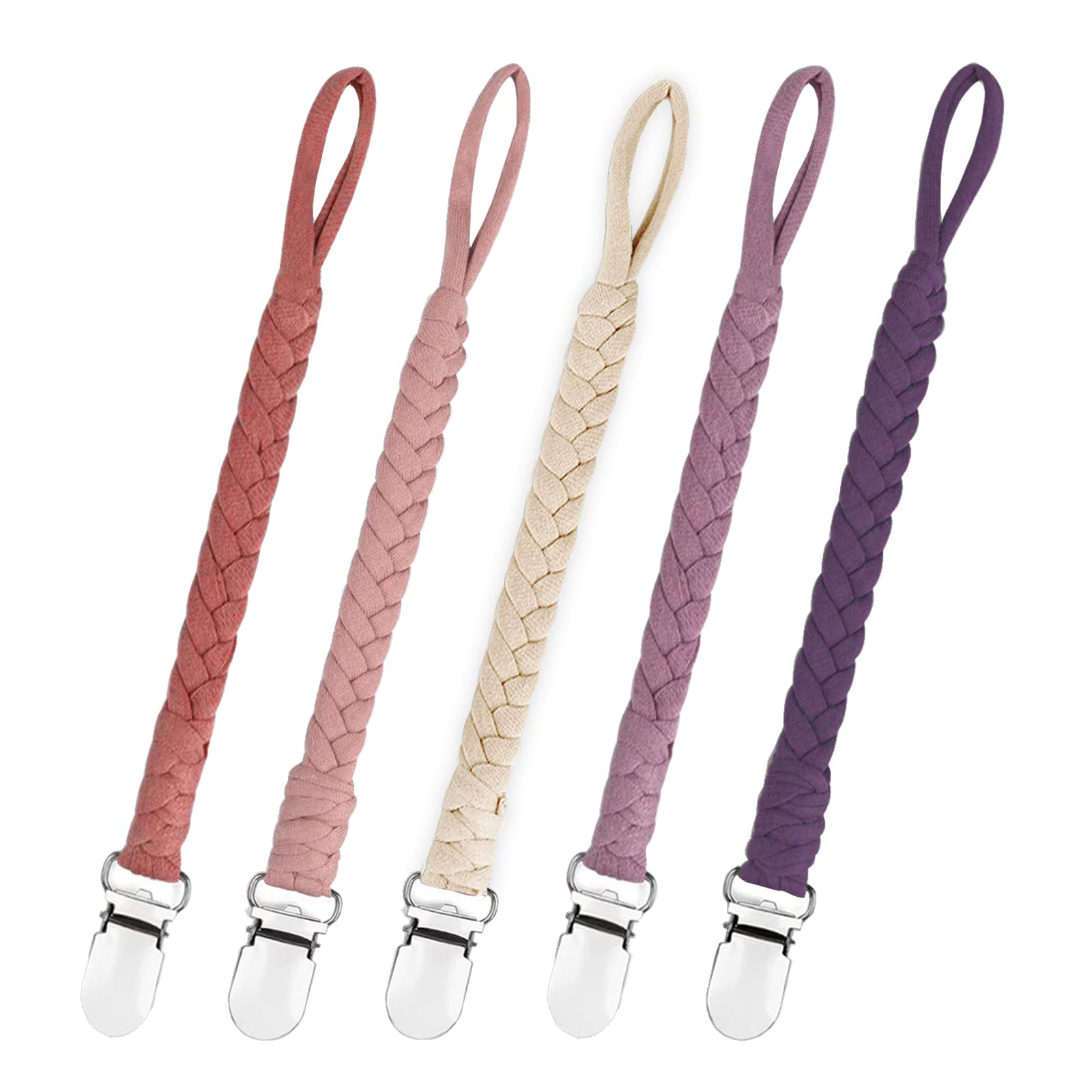 Duludulu braided pacifier clip close-up with soft cotton braid for easy grip.