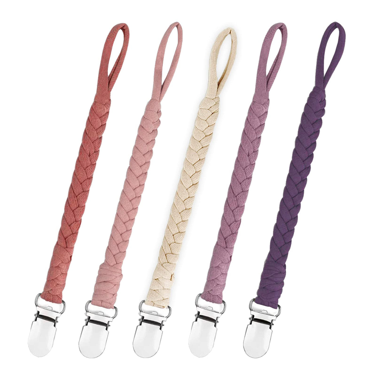 Duludulu braided pacifier clip close-up with soft cotton braid for easy grip.