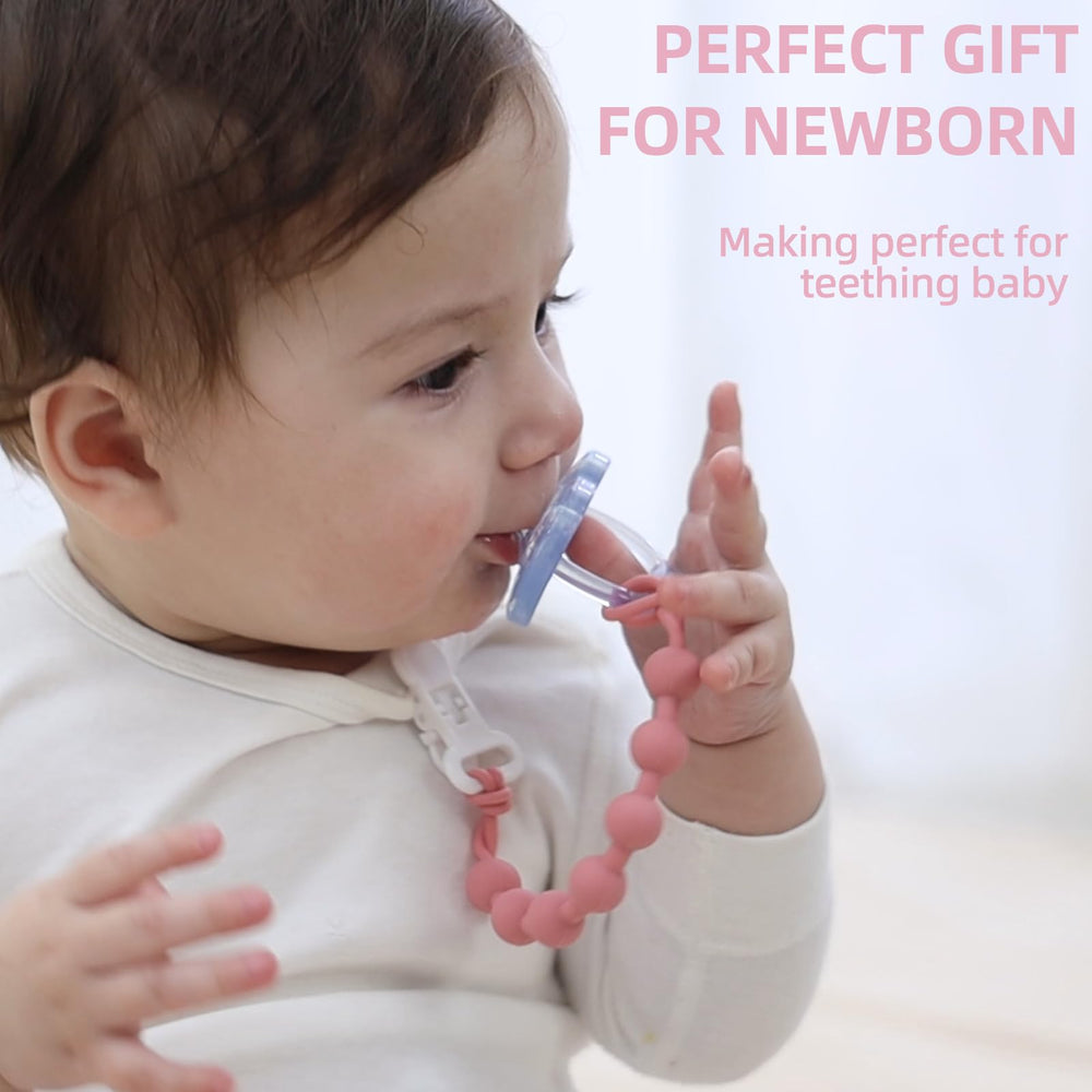 duludulu pacifier clip color-varieties pink-mint-offwhite-milkbrown reveals visual-stimulation options