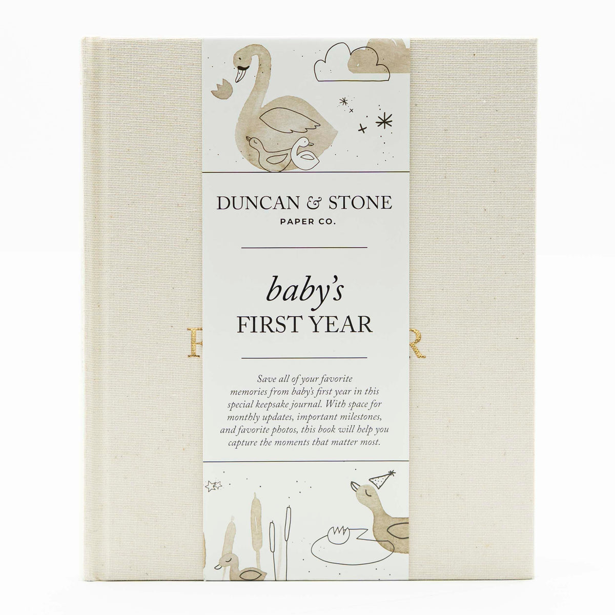 Duncan & Stone Baby First Year Book cover in cream highlights heirloom-quality design for cherished milestones.