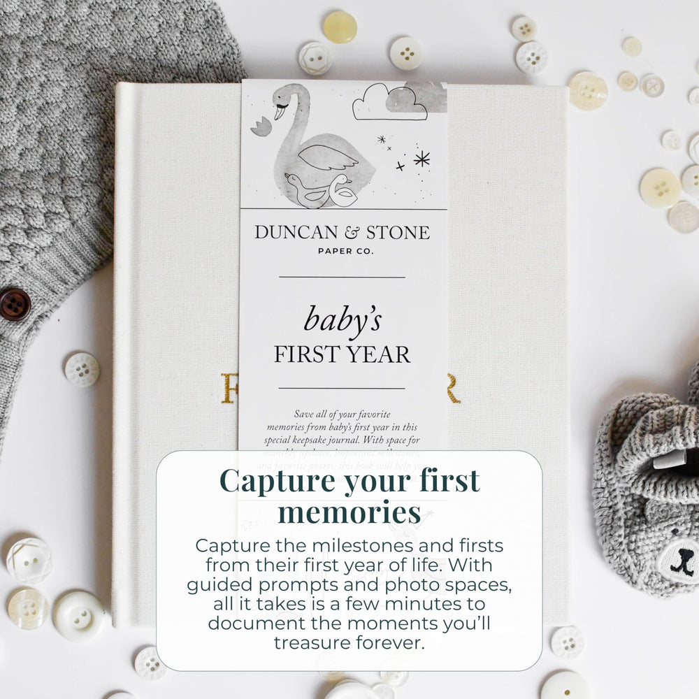 Duncan & Stone Baby First Year Book gold-foil detail adds elegant durability.