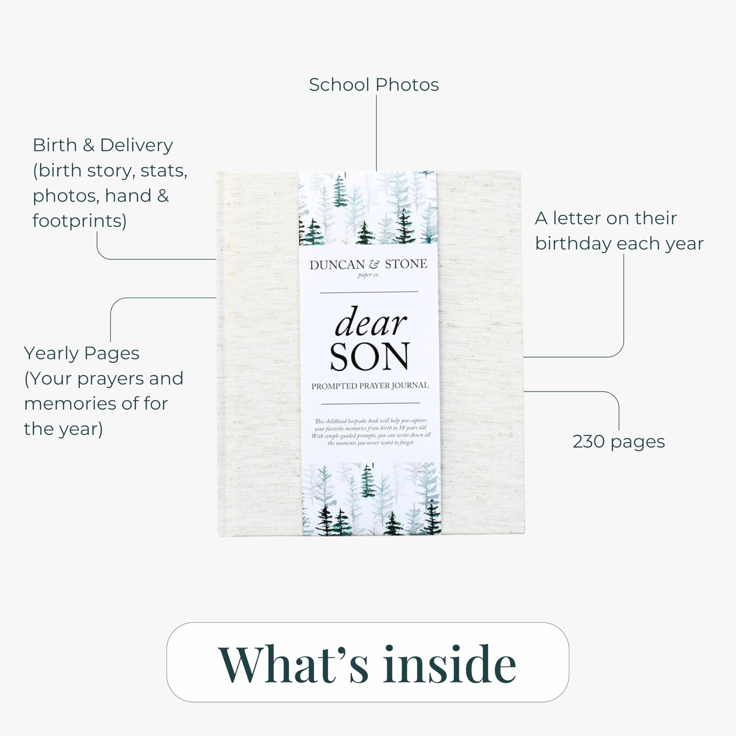 Duncan & Stone memory book inside pages sample, guided prompts for milestones.