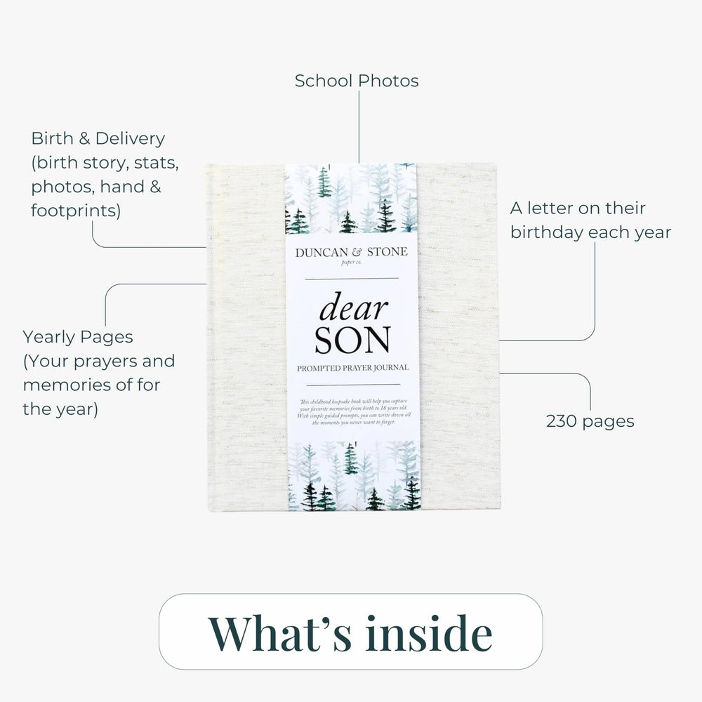 Duncan & Stone memory book inside pages sample, guided prompts for milestones.