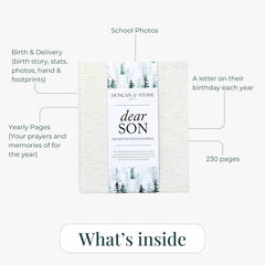 Duncan & Stone memory book inside pages sample, guided prompts for milestones.