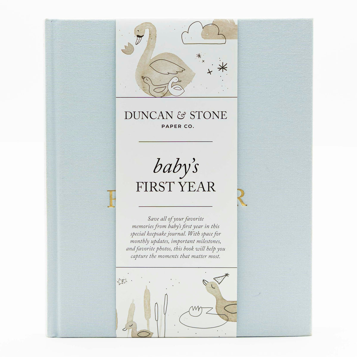 Duncan & Stone Paper Co Baby First Year Book cover closeup for premium keepsake.