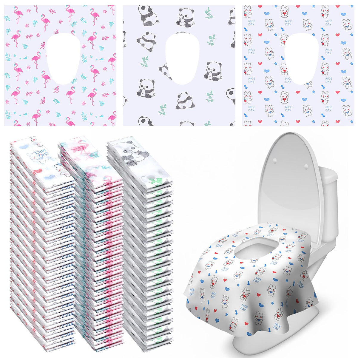 Dunzoom toilet seat covers 100-pack box view, bulk hygiene for family trips