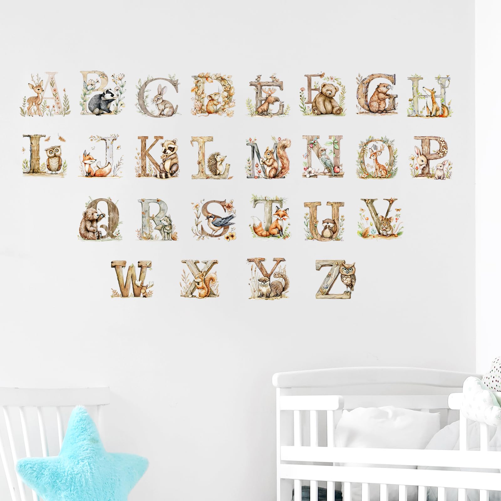 Dunzoom Woodland alphabet wall decals suitable for classrooms highlighting ABCs
