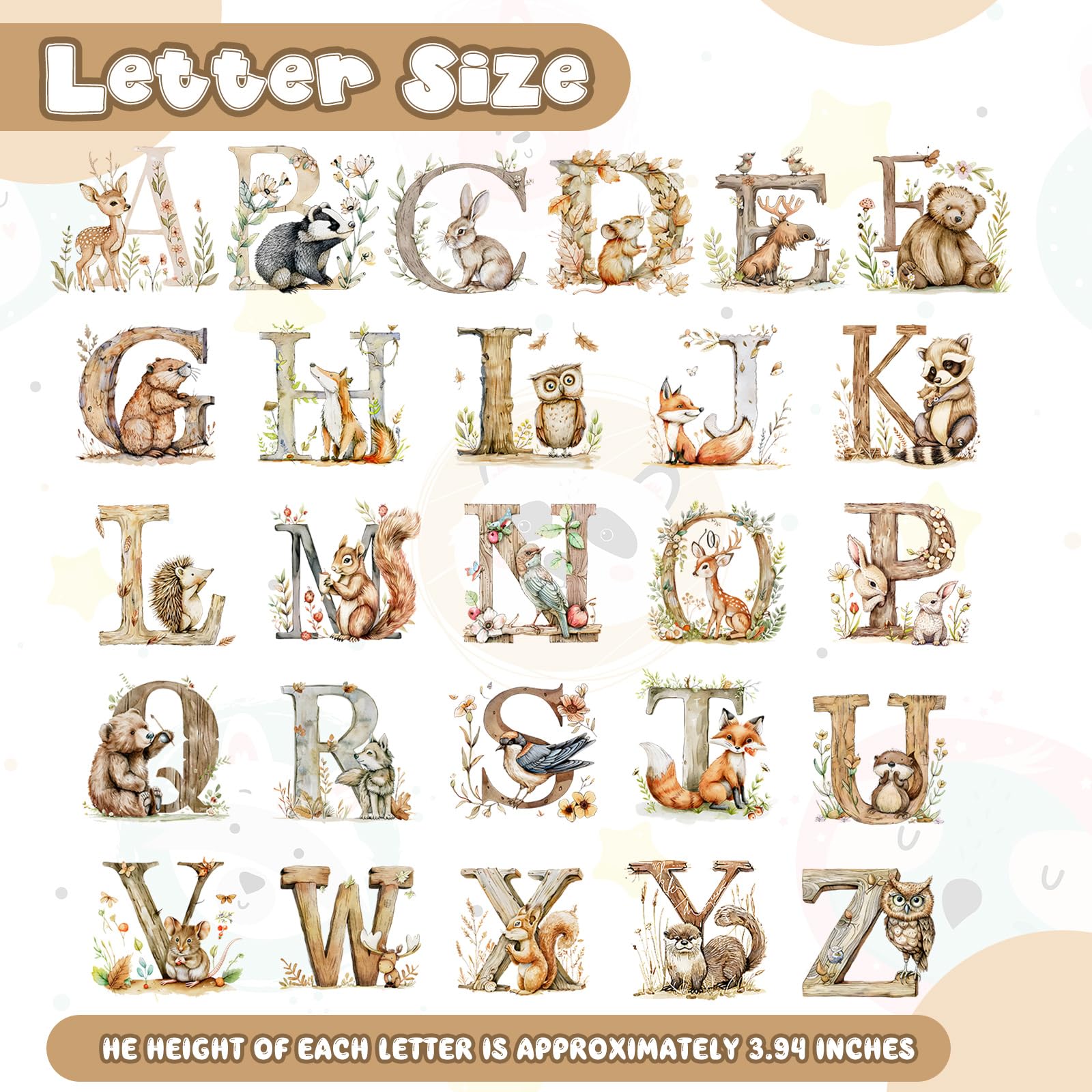 Dunzoom Woodland alphabet wall decals with colored letters to boost early literacy and creativity