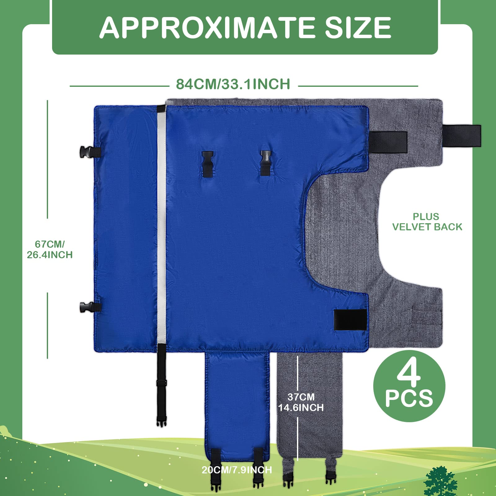 Dunzy calf blanket blue side view highlights adjustable double-breasted fit for calves.