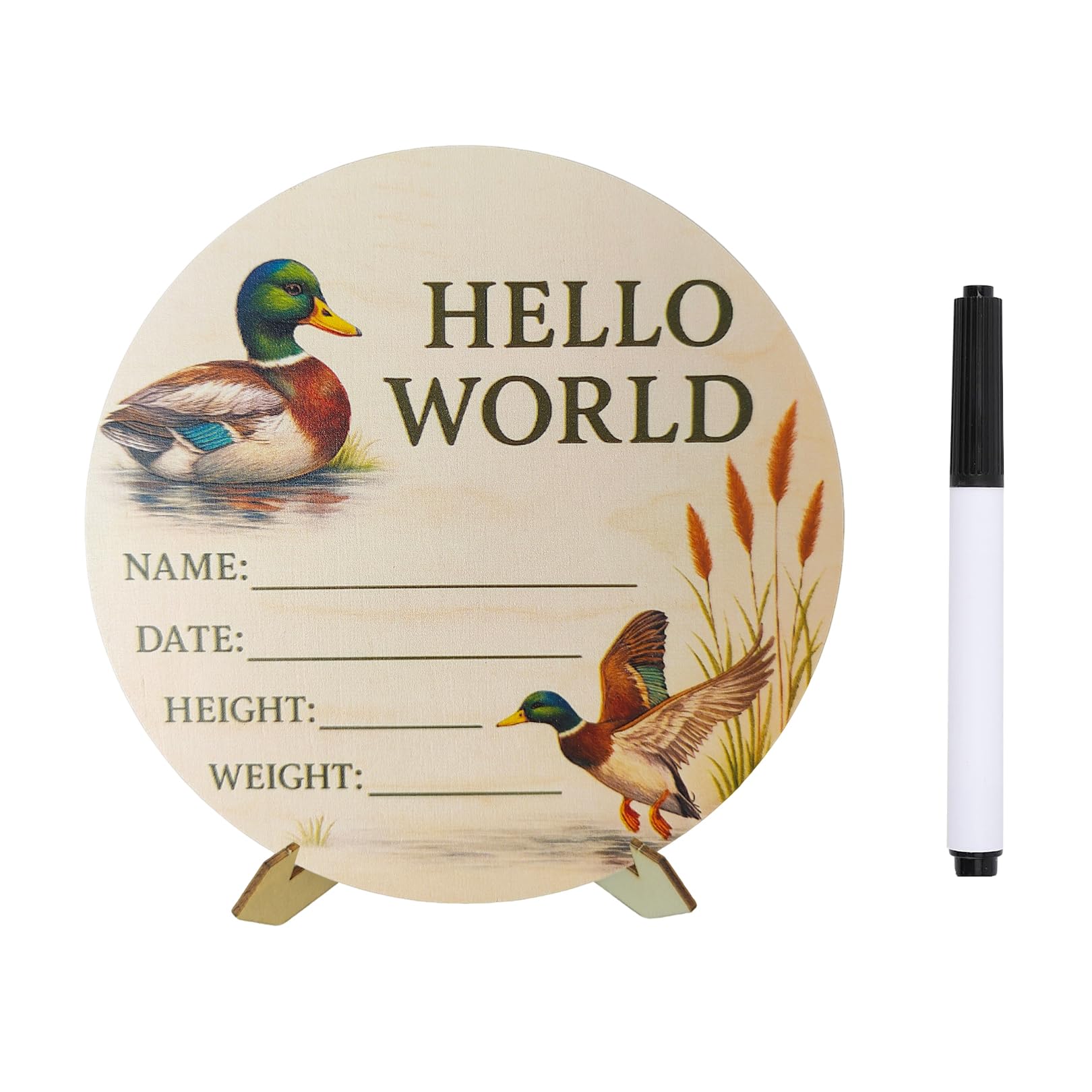 DUOJINSANXI baby announcement sign close-up featuring mallard artwork for nursery decor