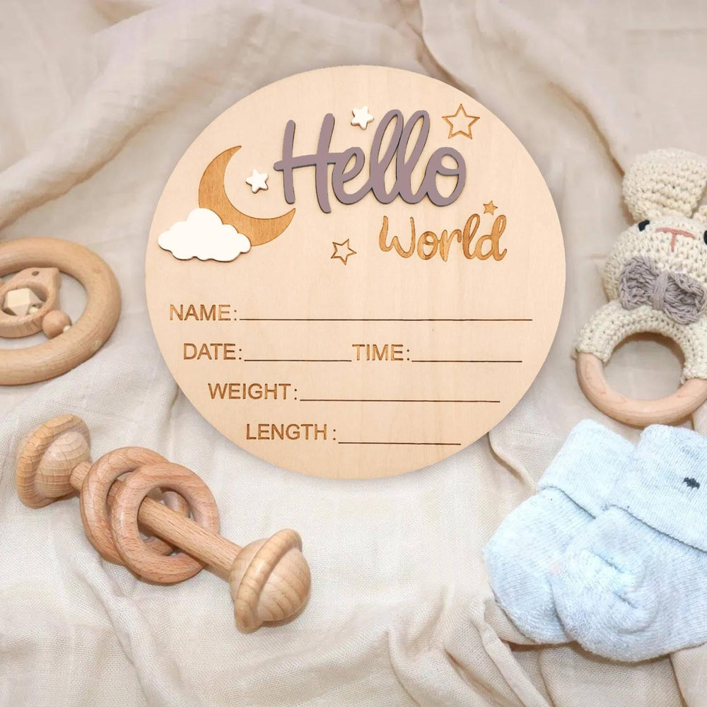 DUOJINSANXI baby announcement sign light brown wood closeup natural grain