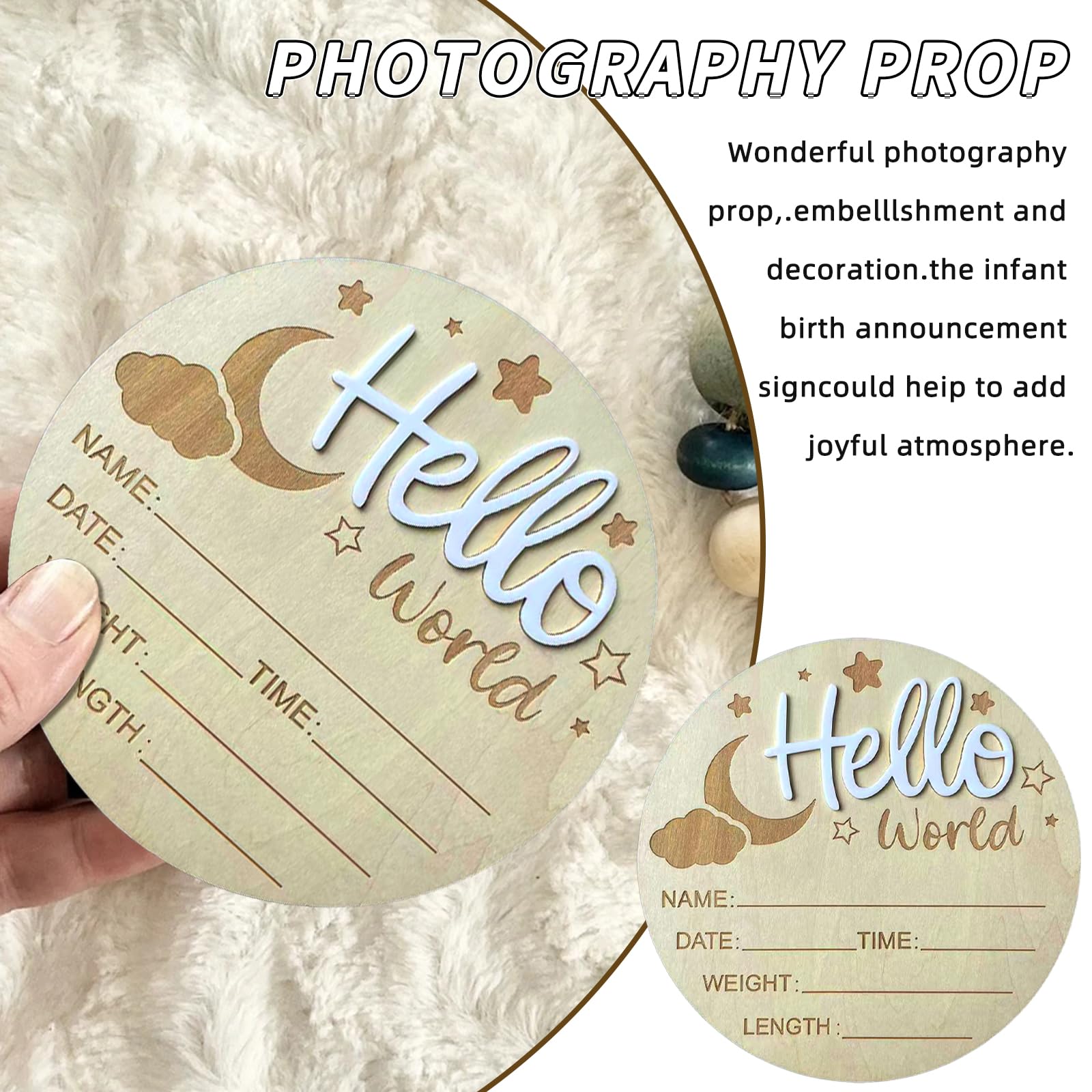 DUOJINSANXI birth details spaces on Hello World plaque for name, date, weight, length.