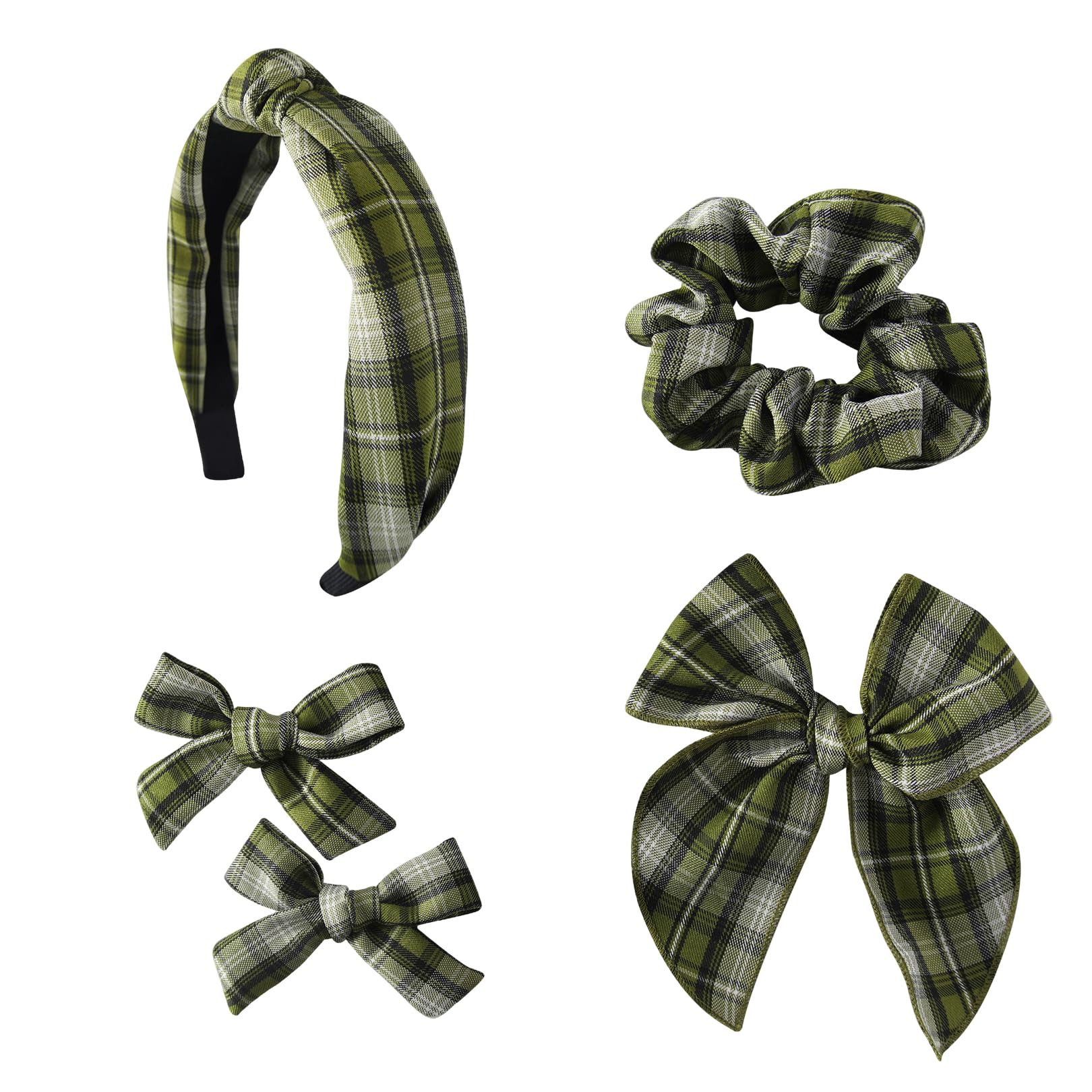 DUOJINSANXI striped headband set showcases green plaid fabric for versatile school-ready looks.
