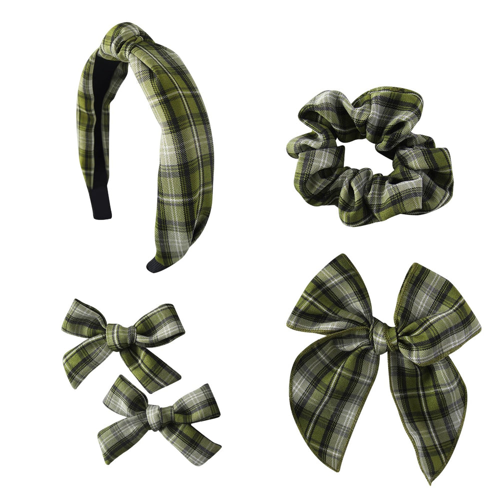 DUOJINSANXI striped headband set showcases green plaid fabric for versatile school-ready looks.