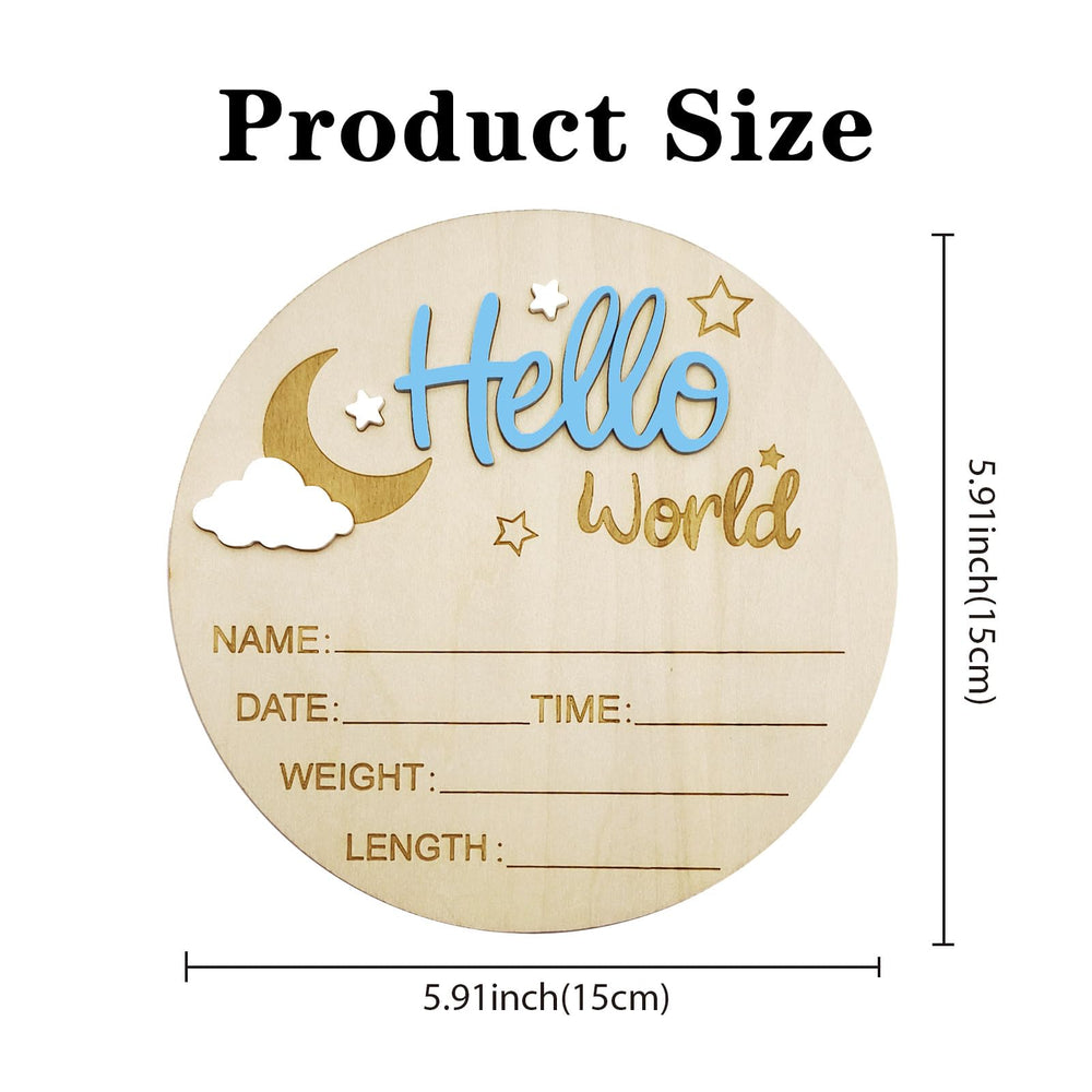 DUOJINSANXI wooden birth sign showing hello world in blue for memories.