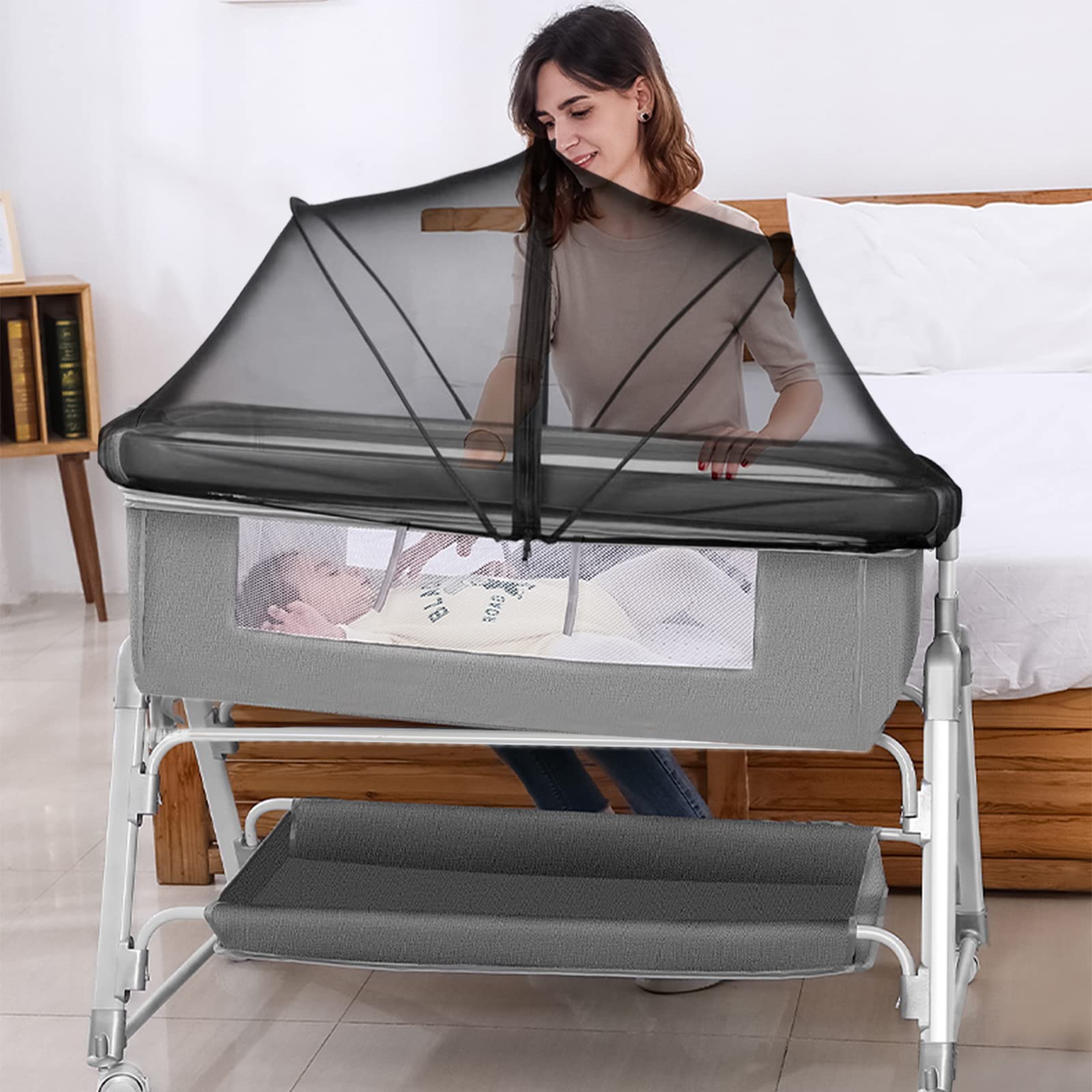 DUOMI bassinet cover two-stage opening demonstrates easy use without disassembly.