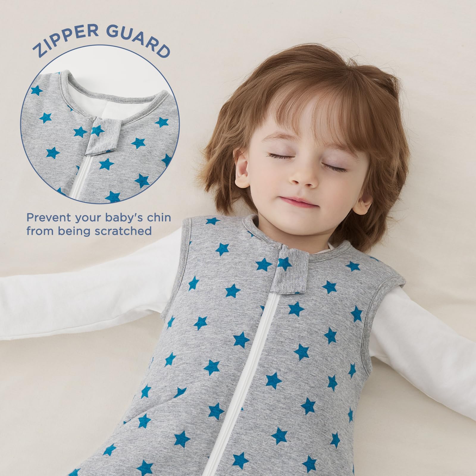Duomiaomiao 2-5 tog sleep sack close-up fabric shows breathable cotton outer and plush lining.