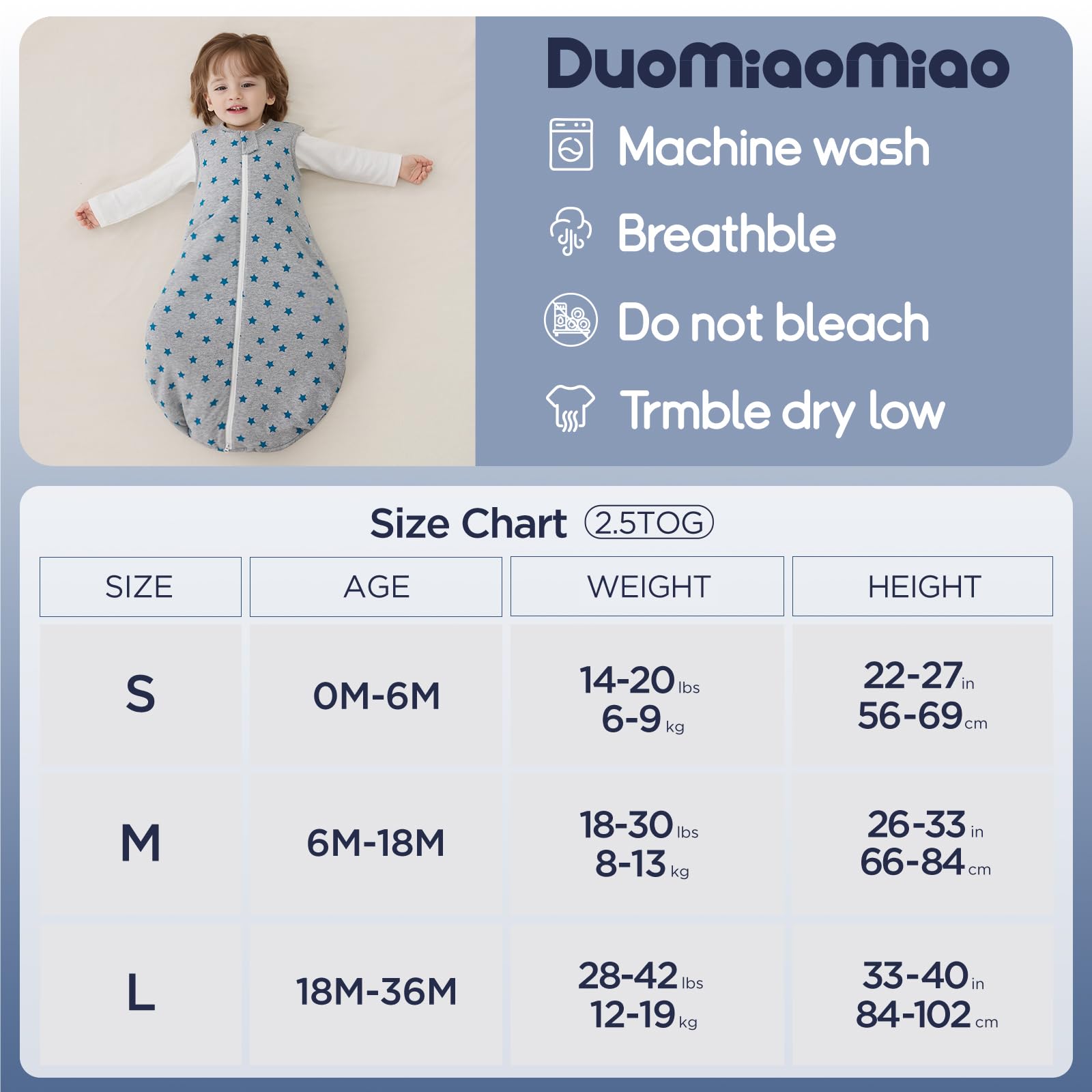Duomiaomiao size chart image shows 0-6m, 6-18m, and 18-36m ranges.
