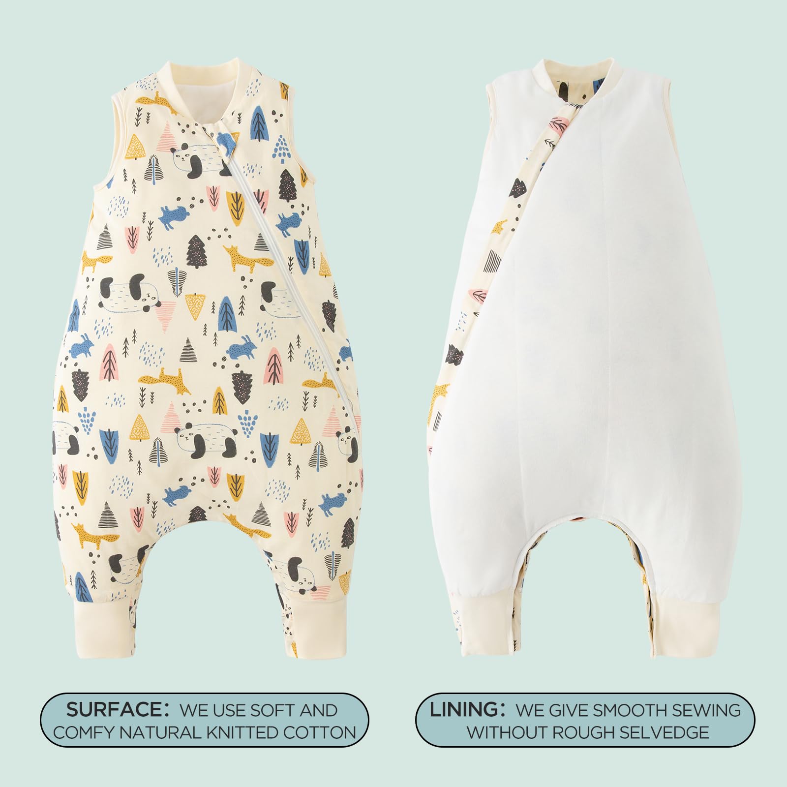 Duomiaomiao roomy-fit sleep sack supports leg movement and hip development.