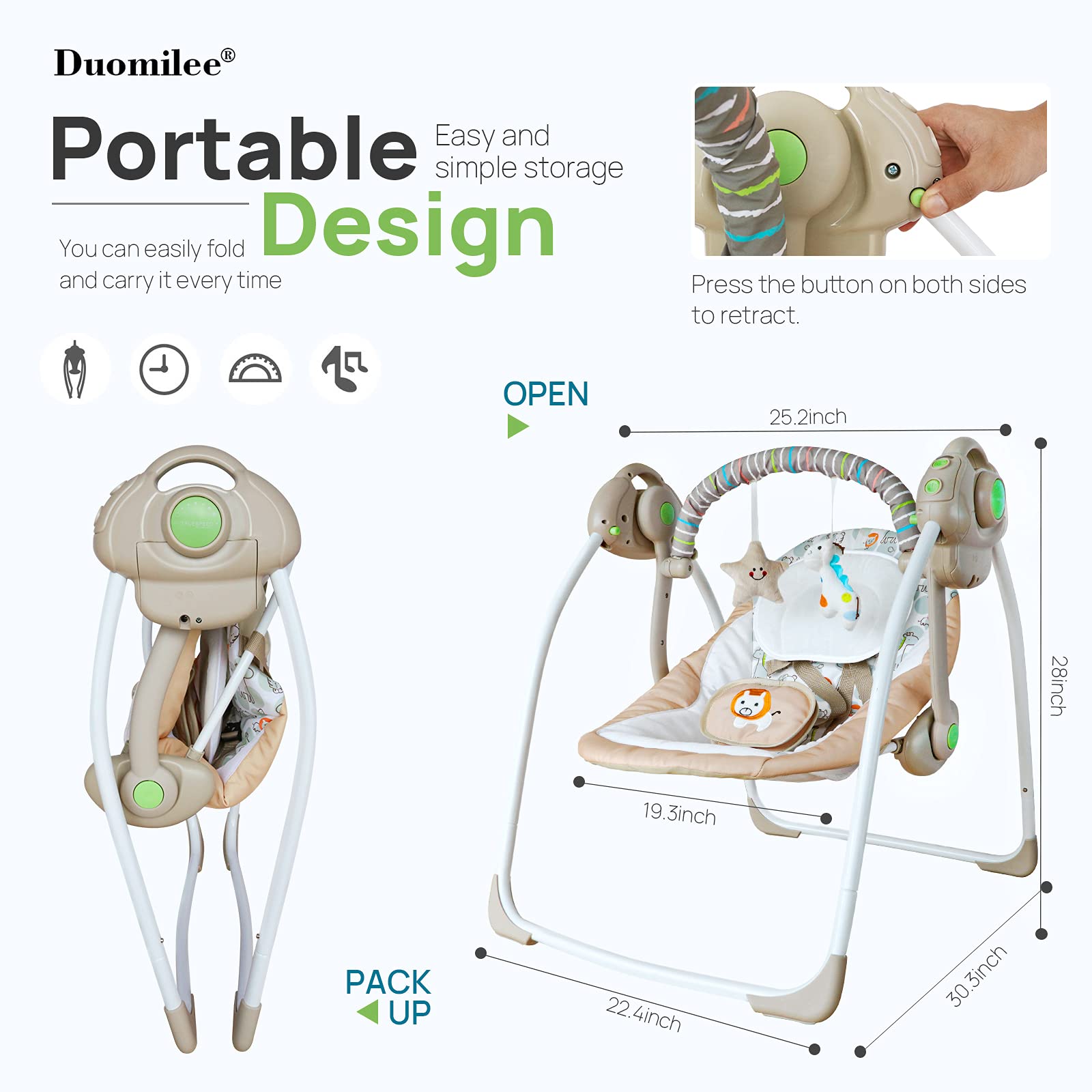 Duomilee baby swing with 16 melodies and timer for customizable sessions