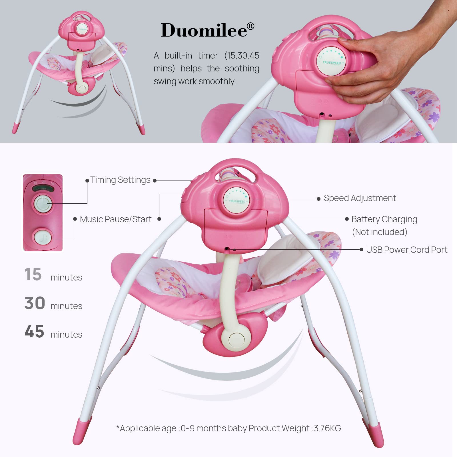 Duomilee infant swing-seat-padding-head-support highlights comfy padding and head stabilization.