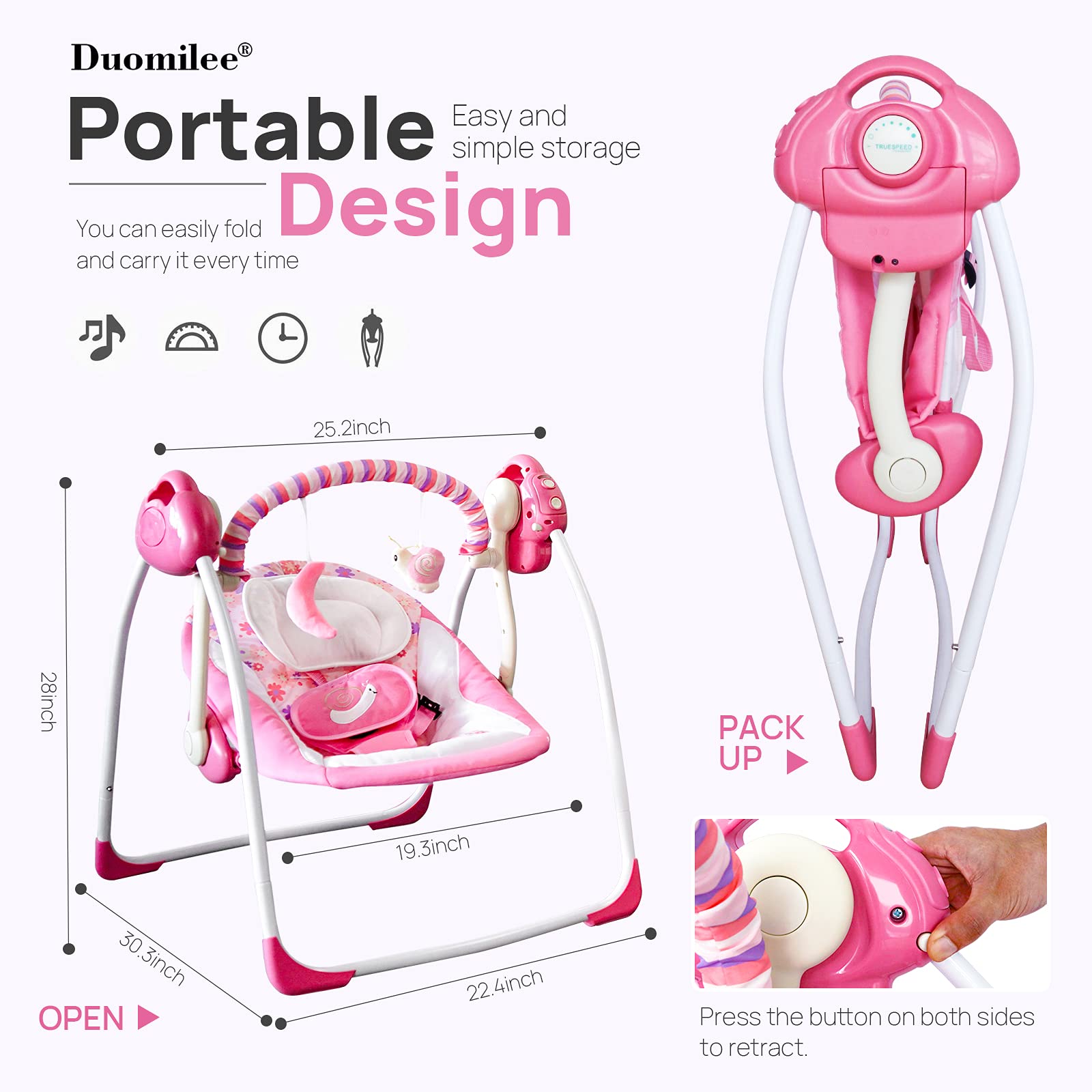 Duomilee infant swing-travel-friendly design enables easy transport for outings.