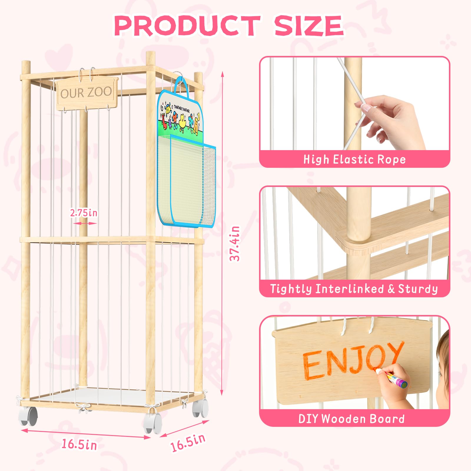 DUOQNY stuffed animal storage wood tower accessories highlights hanging bag and small toy storage