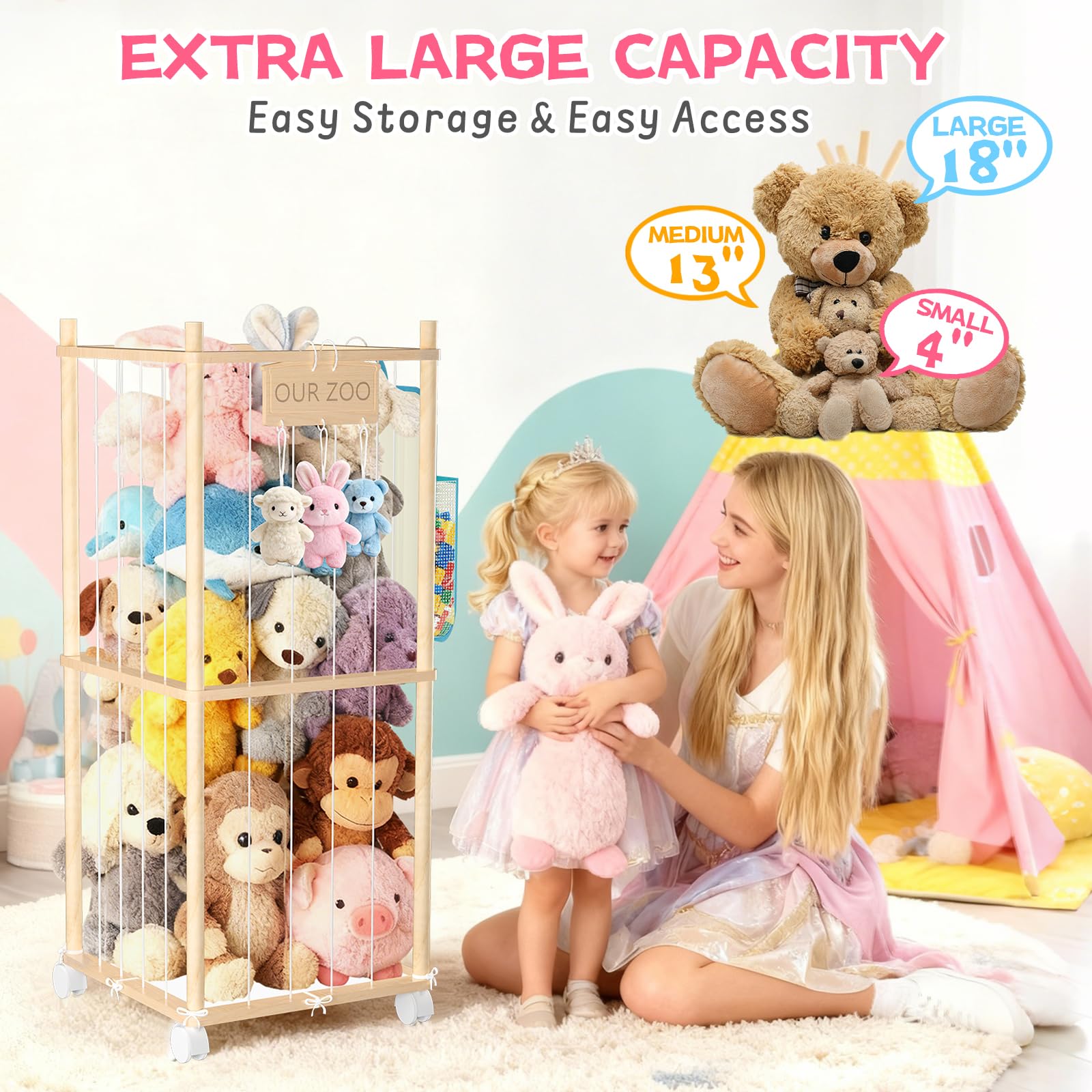 DUOQNY stuffed animal storage wood tower detailed joinery highlights durable wood construction