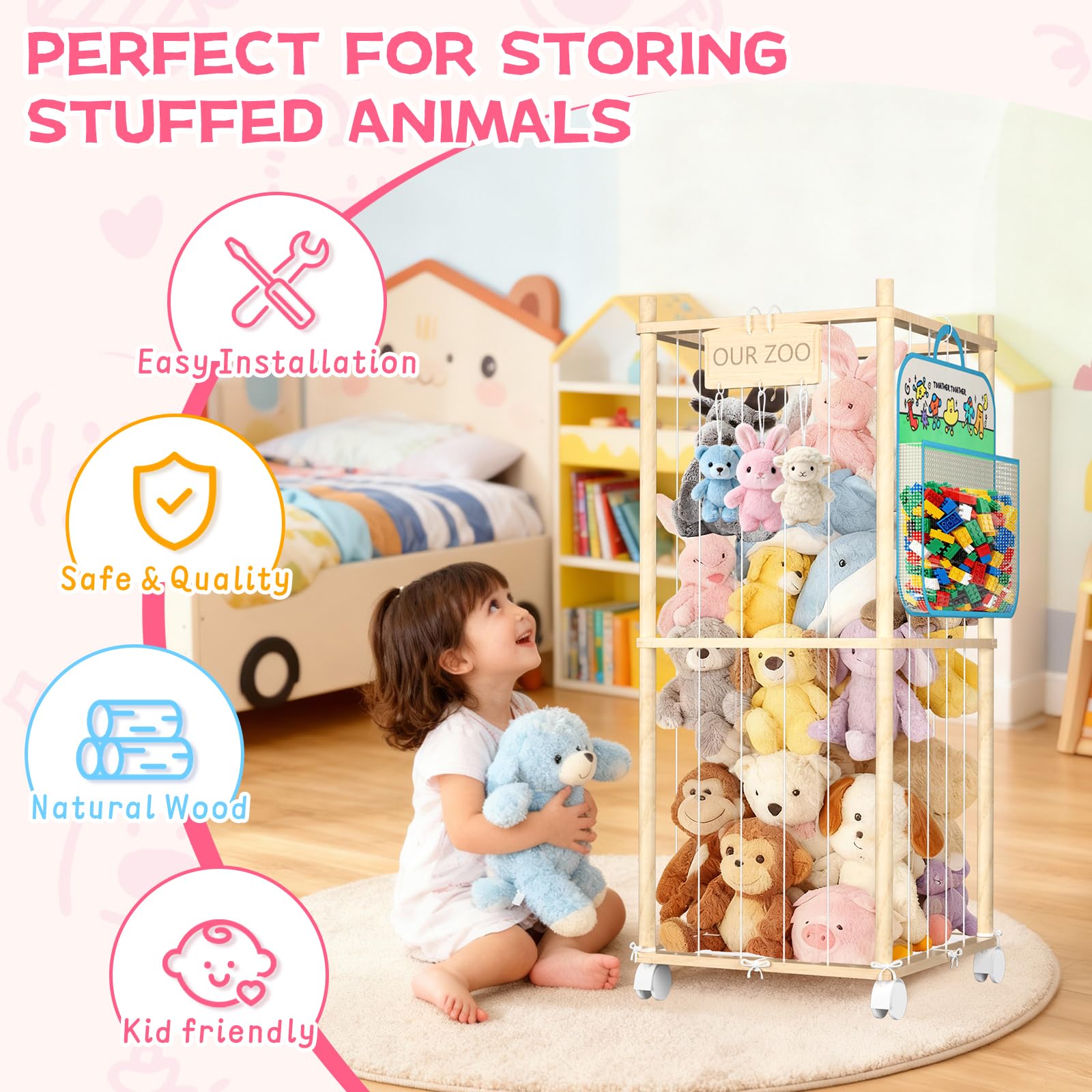 DUOQNY stuffed animal storage wood tower hanging bag demonstrates organized display for plushies