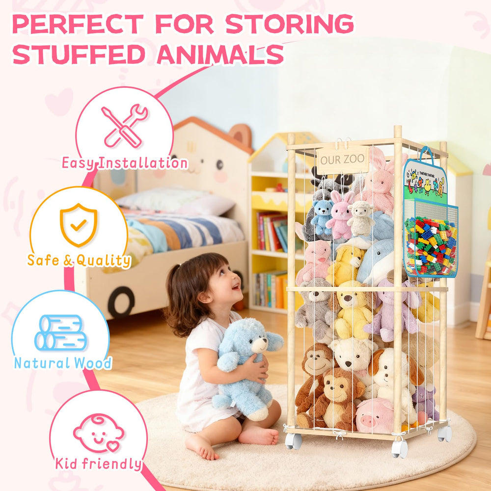 DUOQNY stuffed animal storage wood tower hanging bag demonstrates organized display for plushies