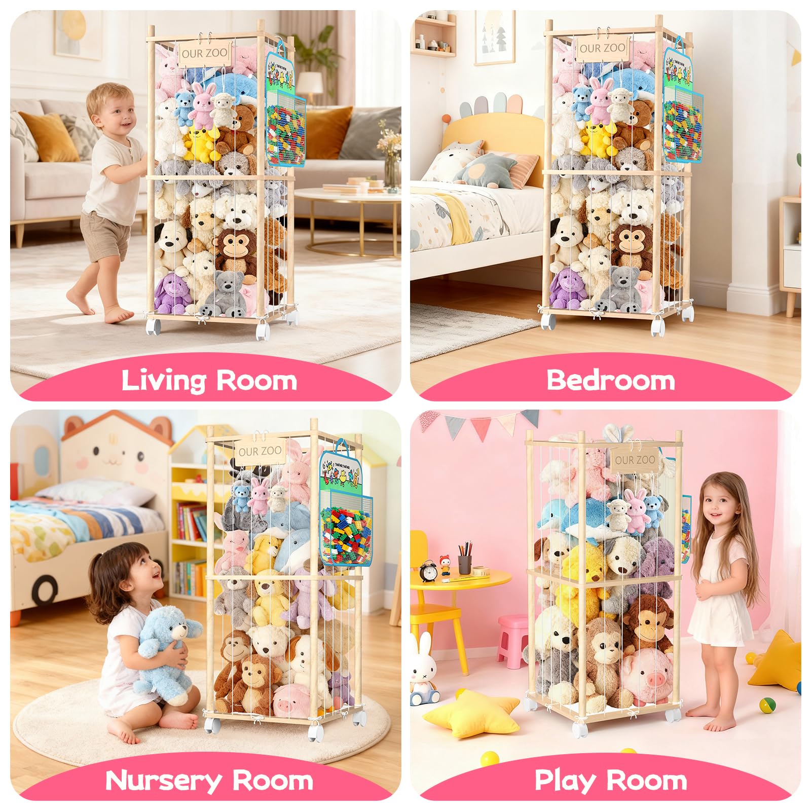 DUOQNY stuffed animal storage wood tower in-use illustrates tidy playroom organization