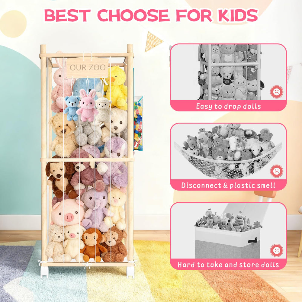 DUOQNY stuffed animal storage wood tower nameplate shows personalized keepsake engraving