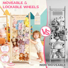 DUOQNY stuffed animal storage wood tower wheels display easy movement across rooms