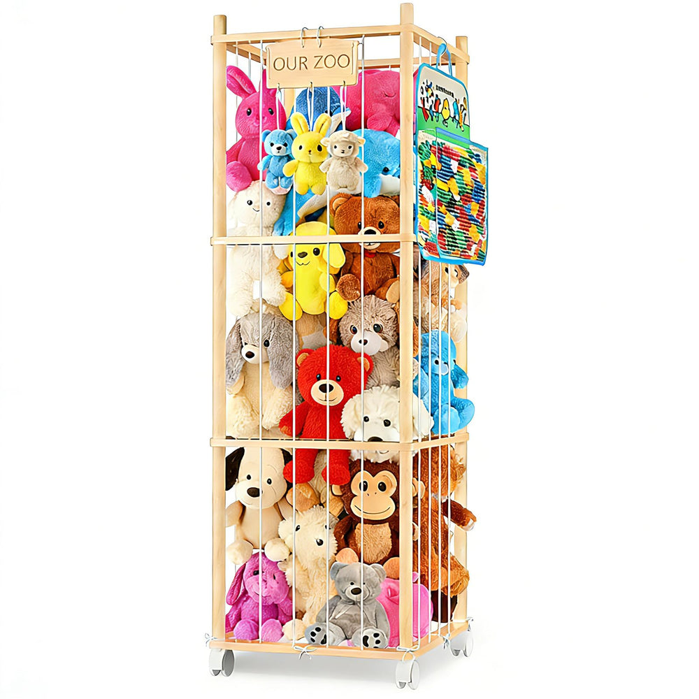 DUOQNY stuffed-animal-storage-wood-zoo-wheels offers easy mobile toy access for kids.