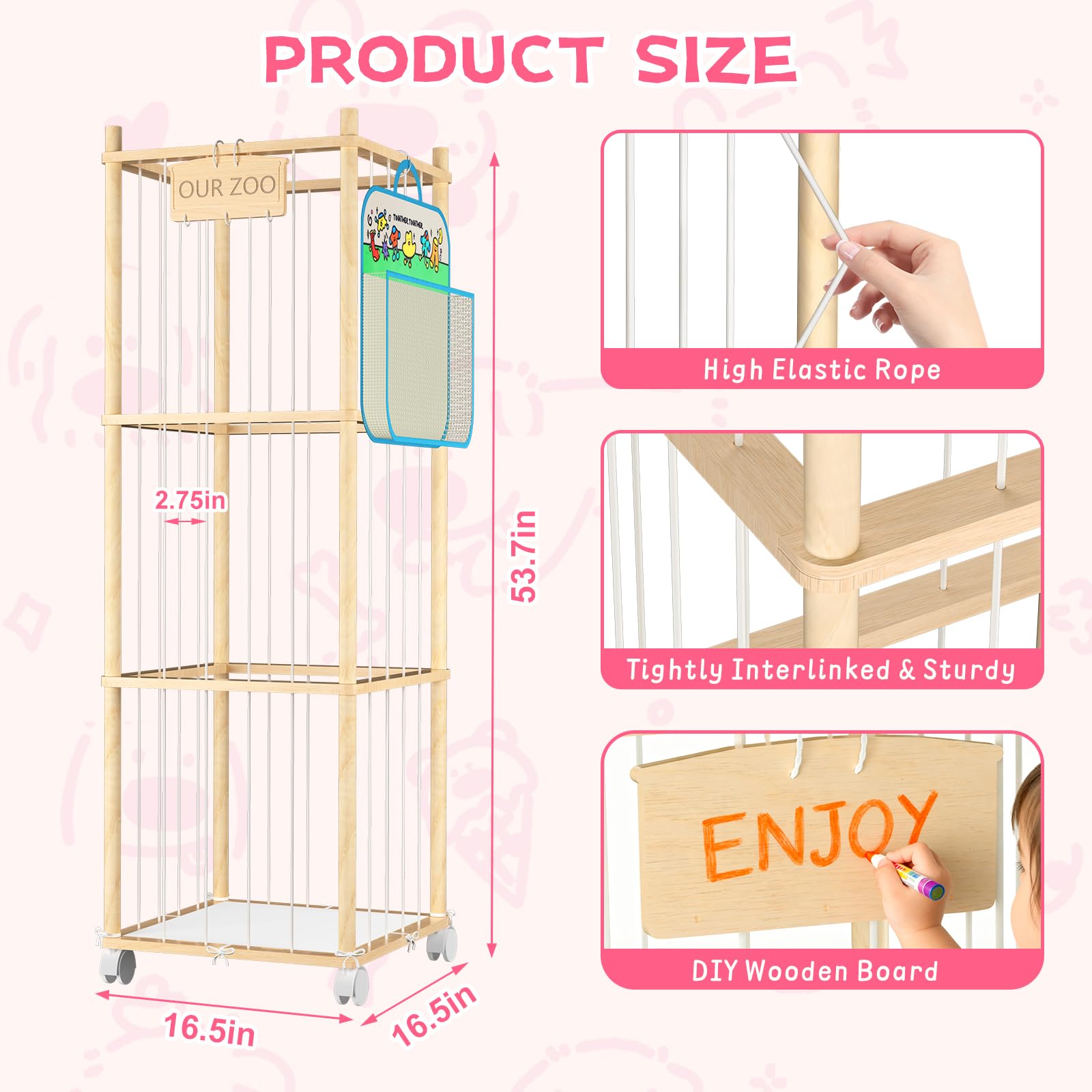 DUOQNY wooden-plush-toy-storage-elastic-rope keeps plush toys neatly accessible.
