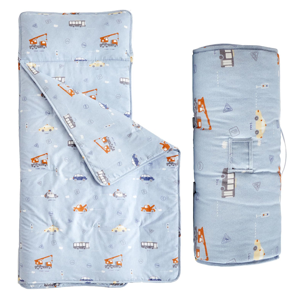 DuShow nap mat blue car pattern rolled for portable daycare use