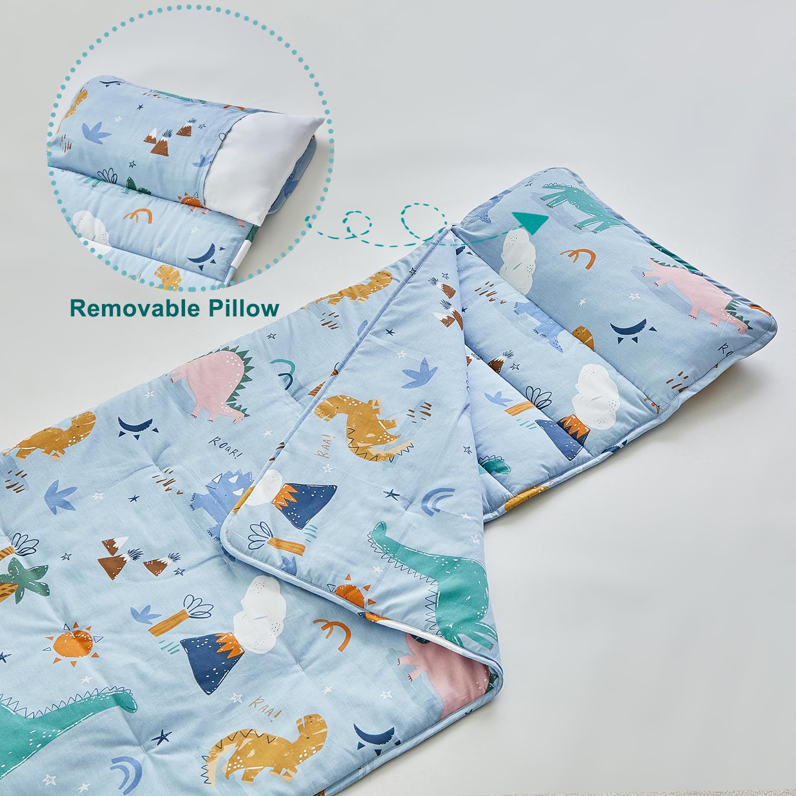 DuShow dinosaur-pattern blue nap mat flatlay shows breathable cotton