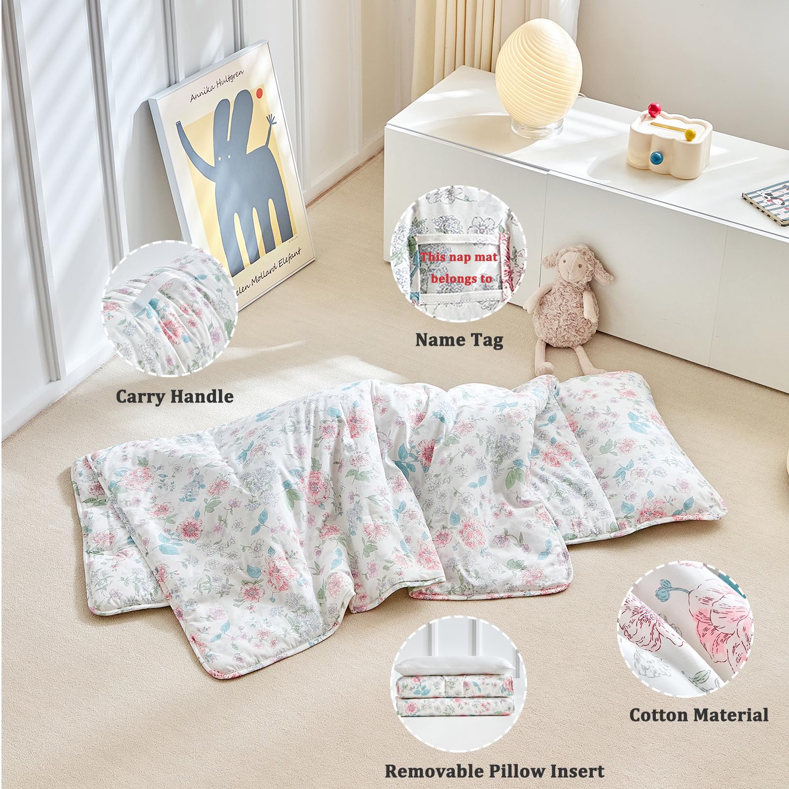DuShow floral pattern nap mat closeup with vibrant design