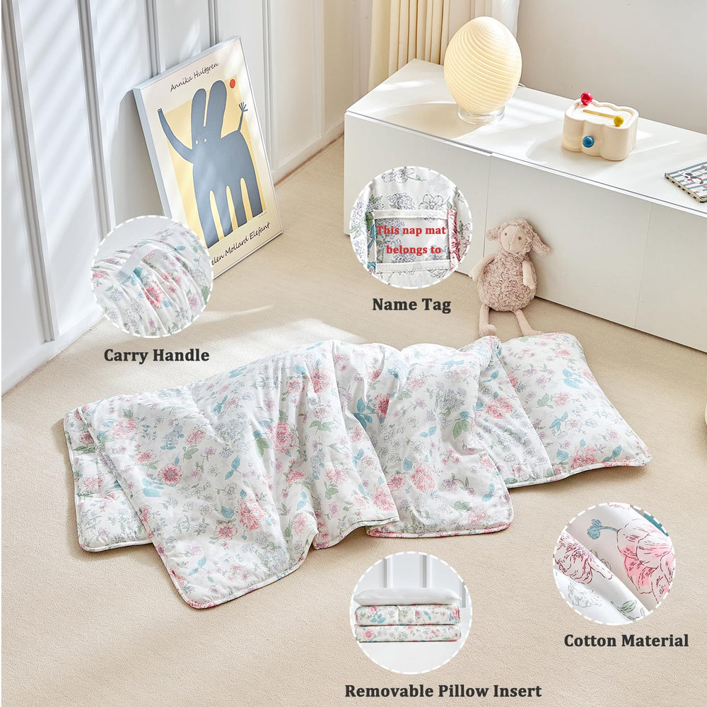 DuShow floral pattern nap mat closeup with vibrant design
