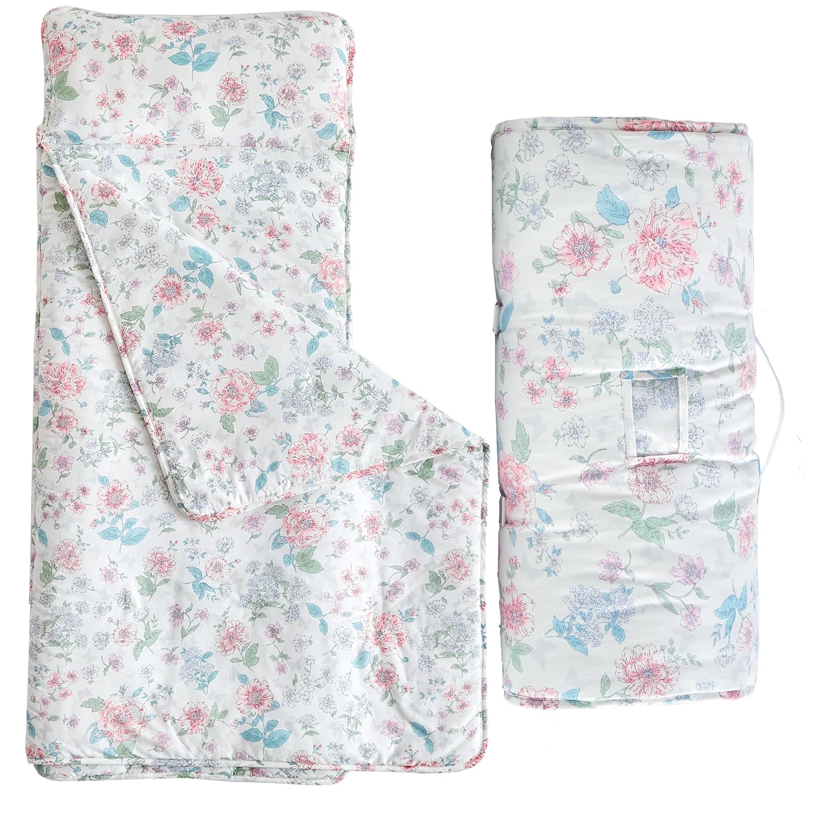 DuShow floral toddler nap mat rolled up for easy transport and storage