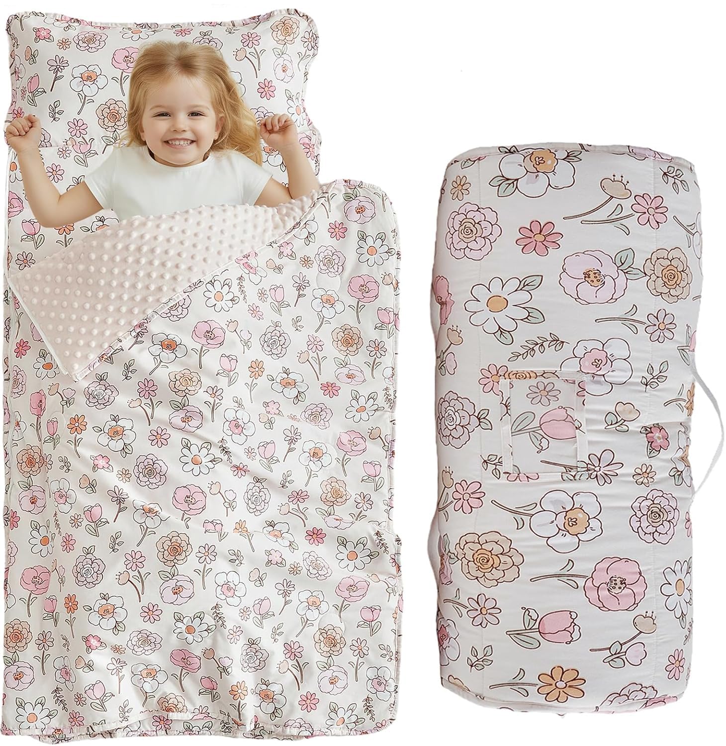 DuShow floral toddler nap mat with zipper showing secure closure for daycare.