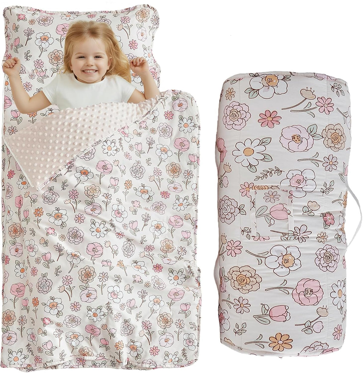 DuShow floral toddler nap mat with zipper showing secure closure for daycare.