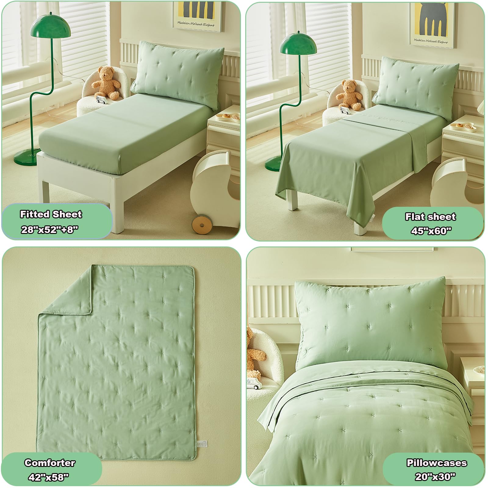 DuShow Green fitted sheet with 8-inch pocket secures snug toddler bed fit.