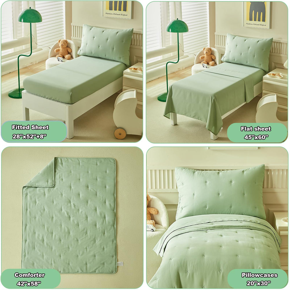 DuShow Green fitted sheet with 8-inch pocket secures snug toddler bed fit.