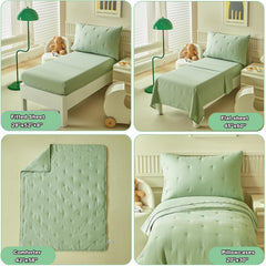 DuShow Green fitted sheet with 8-inch pocket secures snug toddler bed fit.