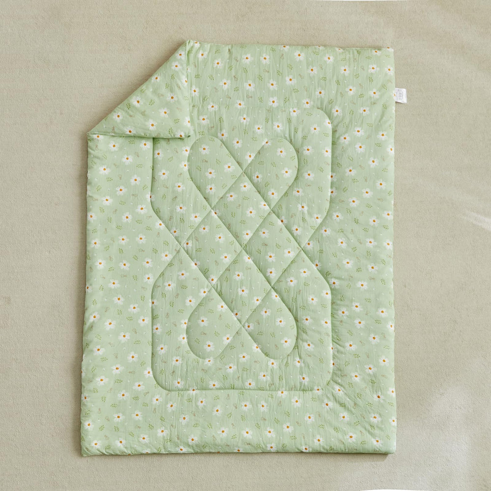 DuShow Green Floral care image shows easy cold wash and low-heat tumble dry.